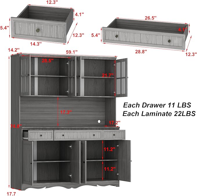 FUFU&GAGA 74.8" Tall Kitchen Pantry Cabinet with 5 Tiers Shelf, 8 Doors & 3 Drawers & Microwave Stand, Freestanding Hutch Cabinet with Buffet Cupboard for Kitchen, Dinningroom