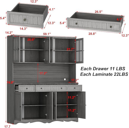 FUFU&GAGA 74.8" Tall Kitchen Pantry Cabinet with 5 Tiers Shelf, 8 Doors & 3 Drawers & Microwave Stand, Freestanding Hutch Cabinet with Buffet Cupboard for Kitchen, Dinningroom