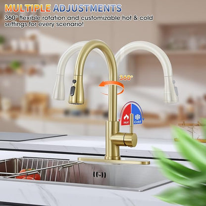 Brushed Gold Kitchen Faucets with Spray Head Replacement, High Arc Single Handle Stainless Steel Kitchen Sink Faucet for 1 or 3 Hole, Ideal for Farmhouse RV Laundry Bar Camper & Commercial