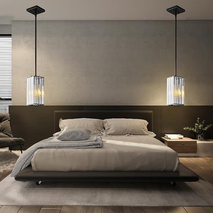 Modern Pendant Light Black Rectangle Pendant Lighting Mini Crystal Chandeliers Adjustable Pendant Light Fixture for Kitchen Island Dinning Room Living Room Corridor Bedroom(Black 1-Pack)