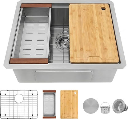 23 Inch Black Undermount Kitchen Sink,16 Gauge Stainless Steel Kitchen Sink Single Bowl, 23"x19"x9" Undermount Sink Ledge Workstation Sinks With All Accessories, Multi-Functional Sinks