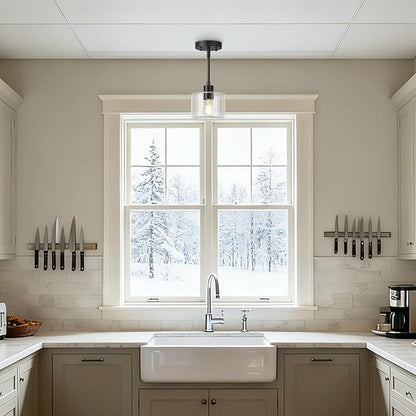 Black Pendant Lights Kitchen Island, 1-Light Modern Clear Glass Hanging Light Fixtures with Rods, Mini Kitchen Pendant Lighting Over Island for Sink Bathroom, OS-YQ8153-1PBKC
