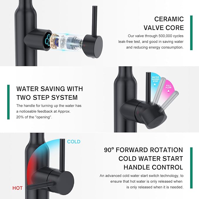 CREA Black Kitchen Faucet, Pull Down Kitchen Faucets with Sprayer 3 Modes, Uitility Laundry Faucets Single Hole Bar Sink Faucet 360° Swivel High Arc Stainless Steel RV Faucet, Matte Black