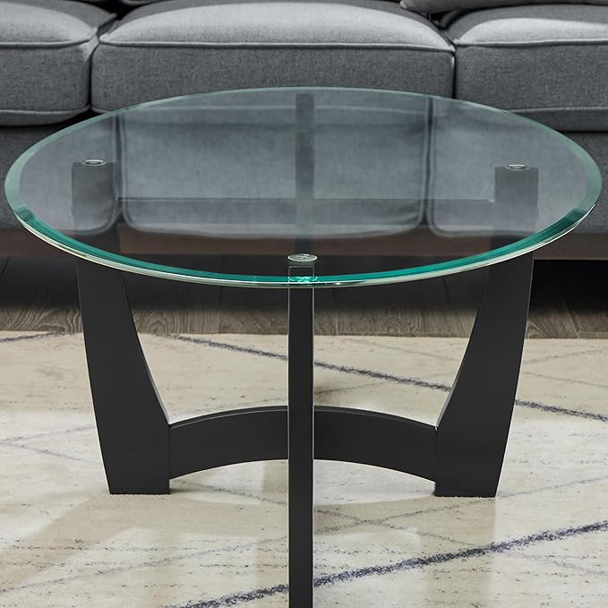 48" Oval Coffee Tables, Modern Center Table with Tempered Glass Tabletop Cross and Solid Wood Base, Small Space Coffee Table for Living Room Black
