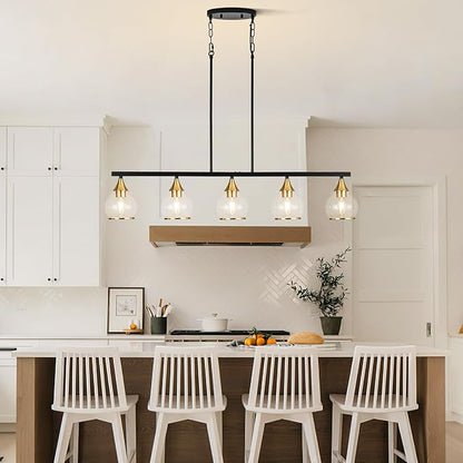 Island Light for Kitchen, 5-Light Black Kitchen Island Linear Hanging Pendant Chandeliers, Black and Gold Dining Room Light Fixture Over Table with Clear Round Glass Shades