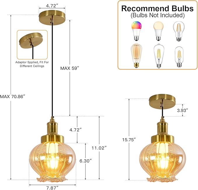 ZHENYANGL 7.8" Modern Amber Glass Pendant Light Vintage Farmhouse Woven Pendant Light Fixture Adjustable Rod Retro Pistil Pendant Lights for Kitchen Island, Dining Room, Bedroom, Hallway, Entryway