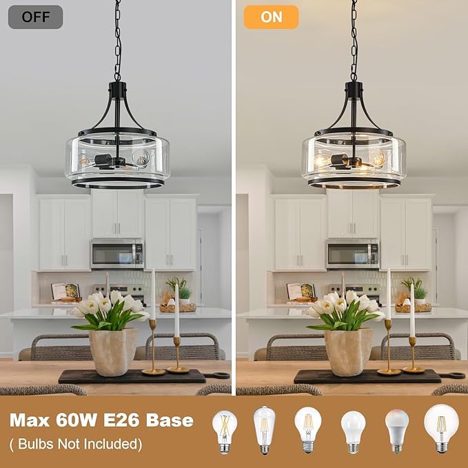 15.7 Inch Glass Drum Dining Room Light Fixture Over Table, Modern Black Chandeliers for Dining Room, Drum Pendant Light for Kitchen,Entryway,Living Room
