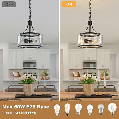 15.7 Inch Glass Drum Dining Room Light Fixture Over Table, Modern Black Chandeliers for Dining Room, Drum Pendant Light for Kitchen,Entryway,Living Room
