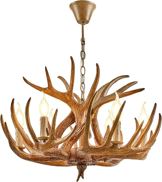 Farmhouse Antler Chandelier, Rustic Deer Antler Chandelier Lighting Fixtures, 6-Light, Vintage Deer Horn Pendant Light Fixtures for Home Bar Coffee Hotel Store (Brown 6 Light Arms+3 arms)