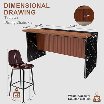 Montary 63-inch Modern Kitchen Island and Dining Table Set with 2 Swivel Stools, Marble-Look Countertop with LED Lights and Metal Grille Design, for Kitchen, Living Room,Black & Brown