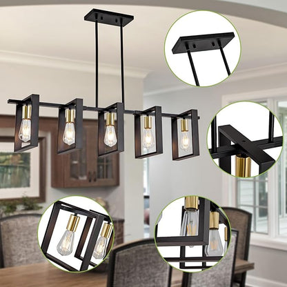 Farmhouse Kitchen Island Lighting Black Dining Room Lights Ceiling Hanging Rustic 5 Lights Wood Chandelier Light fixtures 41.3" Height Adjustable