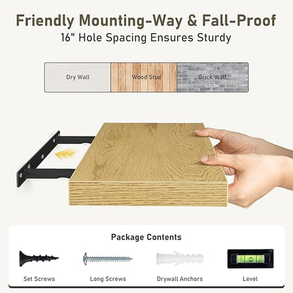 Fun Memories Floating Shelves Wall Shelf 24 inches Long, Farmhouse Bathroom Shelves Bedroom Kitchen Living Room Shelf Wall Mounted, 24 x 6.7 x 1.4 inch Set of 3, Oak Color