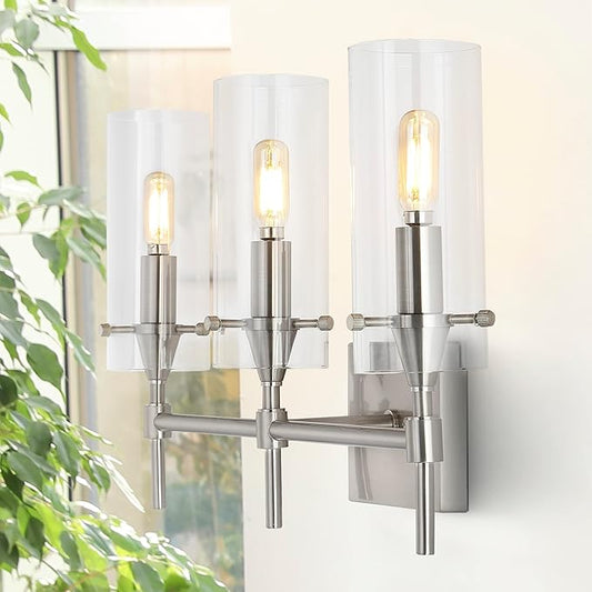 JONATHAN Y 21.25" Nickel/Clear Modern Farmhouse LED Vanity Light Sconce, Clear Glass Cylinder Shade, Wall Lamp for Bathroom Mirror Hallway Entryway, LED Bulb Included (JYL7807B)