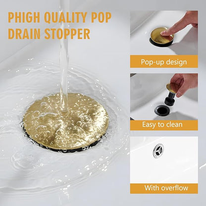 Bathroom Sink Faucet, Waterfall Bathroom Faucet with Pop-up Drain, Supply Hoses and Deck Plate, Suitable for 1 or 3 Holes, Brushed Gold