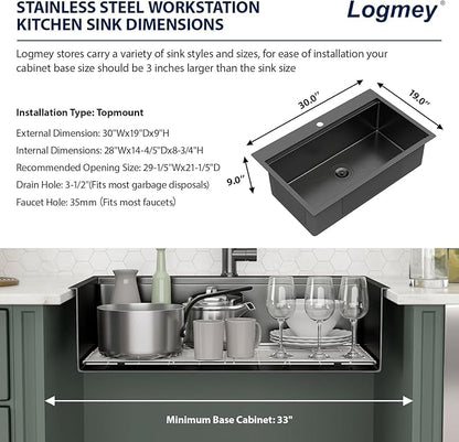 Logmey 30 Inch Drop In Kitchen Sink Workstation 30x19x9 Inch Gunmetal Black Topmount Sinks Stainless Steel 16 Gauge Overmount Kitchen Sink