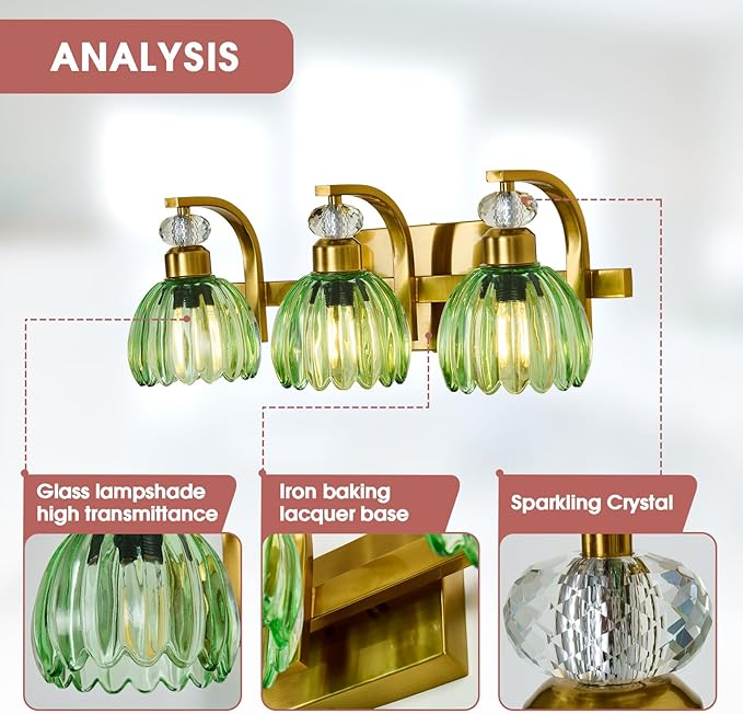 Vintage Bathroom Vanity Light Fixture 3 Lights Gold Bathroom Lighting with Green Glass Shade Mid Century Vanity Light Over Mirror for Kitchen Bedroom Living Room Farmhouse