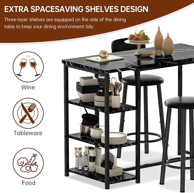 DKLGG Dining Table Set for 2, Counter Height Bar Table Set with Storage ＆ Stools, High Top Pub Table and Chairs for Kitchen, Dining Room, Sofa Side, Apartment, Breakfast Nook, Black