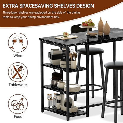 Recaceik Pub Dining Table Set for 2, Table and Bar Stools with 3 Storage Shelves, MDF Board & PU Leather Backrest Chairs, 3 Piece Dining Set for Small Space, Apartment, Kitchen Island, Black