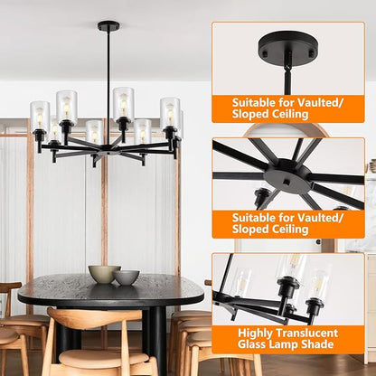 9MMML Farmhouse 8-Light Glass Chandelier, Modern Black Chandelier for Kitchen Dining Room Light Fixture Over Table, Industrial Chandelier for Living Room, Foyer, Entryway, E26 Bulb Base