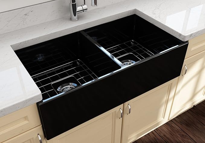 BOCCHI Contempo Farmhouse Apron Front Fireclay 36 in. Double Bowl Kitchen Sink with Protective Bottom Grid and Strainer in Black