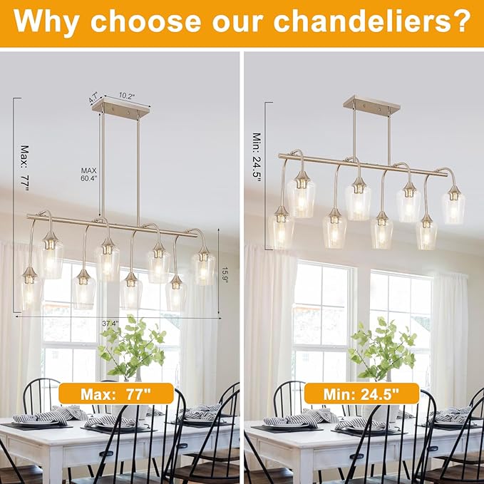 38" Dining Room Light Fixture/Chandelier Over Table, 8-Light Brushed Nickel Kitchen Island Lighting with Clear Glass Shade, Modern Hanging Pendant Lights Fixture for Kitchen Island, Dining Room, Bar