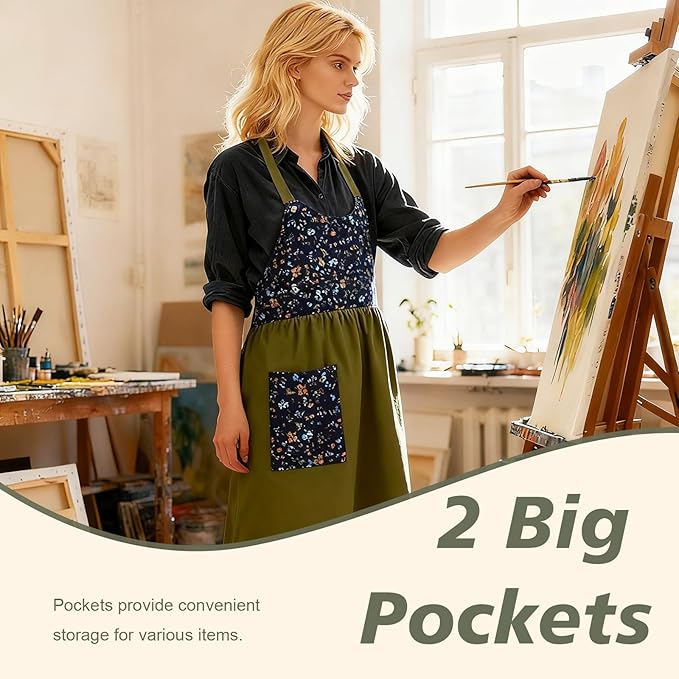 Cityelf Vintage Pinafore Apron Dress Snap Adjust Linen Cotton with Pockets Floral Aprons for Cooking Gardening