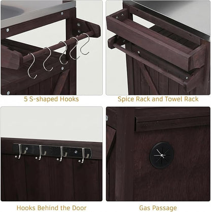 Casaphoria 53.3" Outdoor Kitchen BBQ Grill Cart, 100% Fir Wood Bar Cart Pizza Oven Table with Stainless Steel Countertop, Raised Worktop, Hooks, Adjustable Shelves Outdoor Kitchen Island, Brown