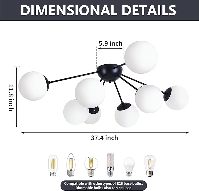 Bagood 8 Light Mid Century Modern Semi Flush Mount Ceiling Light Fixture Globe Ceiling Light Sputnik Chandelier with Milk Glass Shade Matte Black Finish for Bedroom Hallway Dining Room Living Room