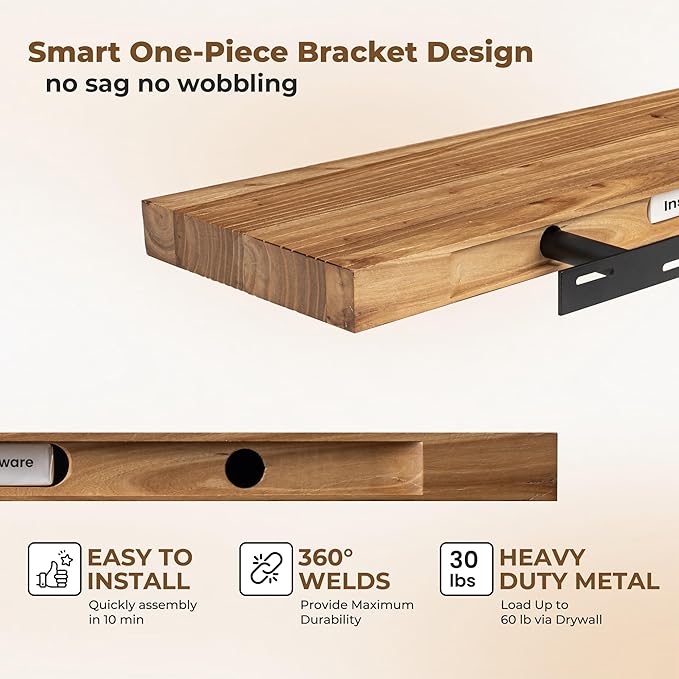 Axeman Floating Shelves for Wall, 8 Inch Deep Rustic Solid Elm Wood Wall Shelves for Storage, Wall Mounted Display Shelving with Invisible Heavy-Duty Metal Bracket, 36'' Width Set of 2, Natural