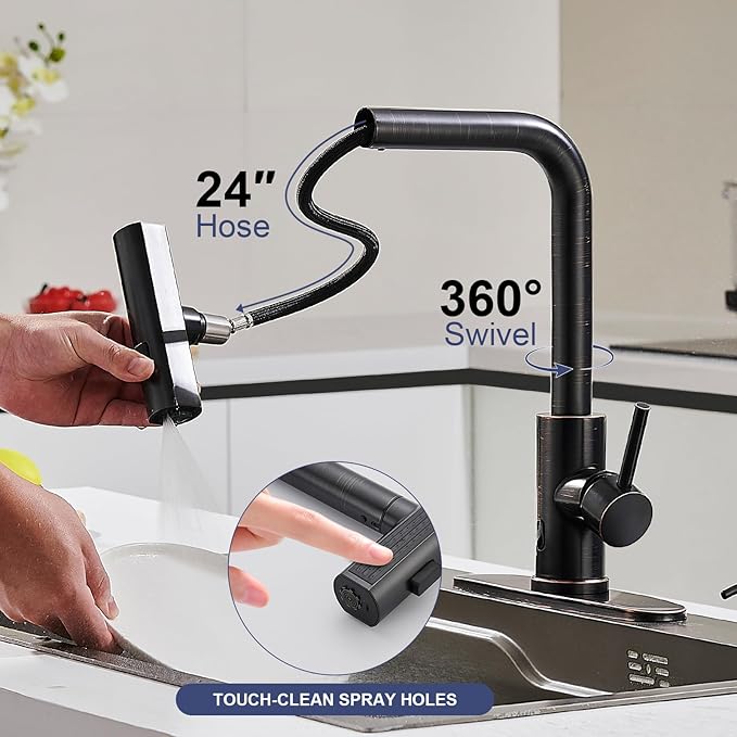 AVSIILE Touchless Kitchen Faucets with Pull Down Sprayer & Soap Dispenser, Single Hole & Handle, Oil Rubbed Bronze Pull Out Waterfall Sink Faucet Suitable for Farmhouse Camper Laundry Rv