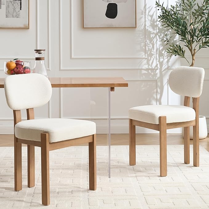 Chenille Dining Chairs Set of 2, Comfy Upholstered Dining Room Chairs Mid Century Modern Farmhouse Fabric Kitchen Chairs with Rubber Wood Legs for Dining Room Kitchen Island Home (Beige)
