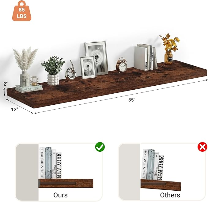 Heimlove 12 Inch Deep Floating Shelves, 55 x 12 inches Long Wall Shelf, Large Extra Display Shelf & Storage Shelf, Rustic Wood Wall Shelves for Fireplace Mantel, Set of 1(Rustic Brown)