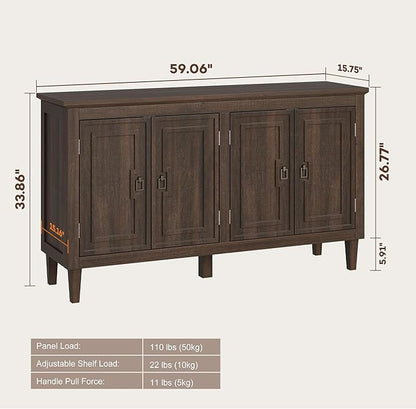 knoworld 60" Mid Century Sideboard Cabinet with 4 Doors,Solid Wood Storage Buffet Cabinet& Coffee Station,Organization Console for Dining Room & Living Room