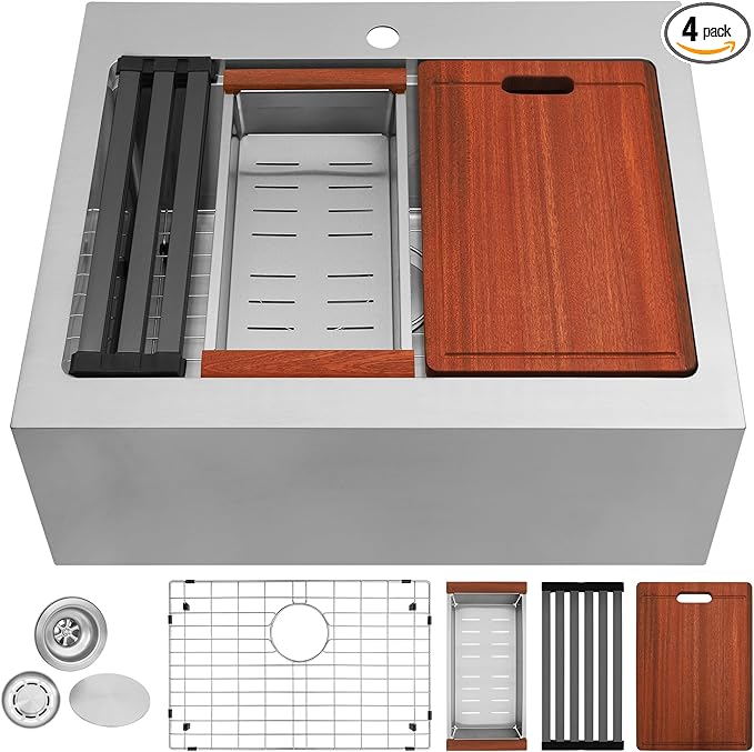 28 Inch Farmhouse Sink, 16 Gauge 304 Stainless Steel Farm Sinks, Drop In Topmount Single Bowl Workstation Sink with all Accessories, 28" x 22" x 10" Deep Kitchen Sink