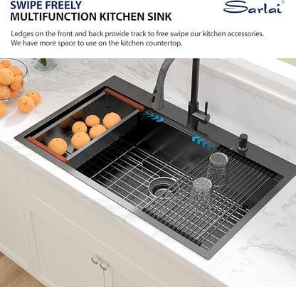 Sarlai 36 Inch Drop In Kitchen Sink - 36x22 Black Drop Kitchen Sink Ledge Workstation 16 Gauge Stainless Steel Gunmetal Black Sinks Topmount Single Bowl Over Counter Sinks Basin Round Corners