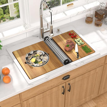 33x22 White Granite Composite Drop-In Kitchen Sink, Single Bowl Classic Quartz Composite Workstation All-In One Sink with Mixing Bowl, Pasta Strainer, Two-Holes Configuration #TLGT-114