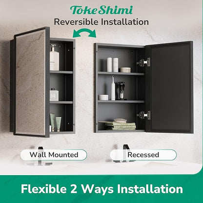 TokeShimi 24x26 Recessed Medicine Cabinet with Mirror Wall Mounted, Metal Beveled Mirror with Storage for Bathroom Vanity, Aluminum Alloy Medicine Cabinet Mirrored Black