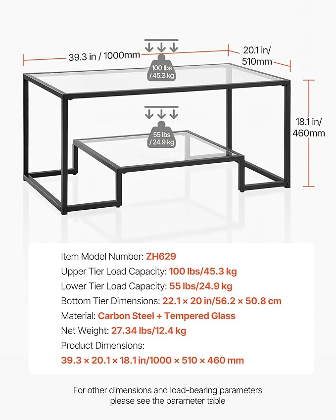 VEVOR Glass Coffee Table, Modern Glass Coffee Table, 2 Tiers Rectangle Glass Center Desk with Open Storage, Minimalist Sturdy Metal Frame Accent End Desk for Living Room, Office, Easy Assembly
