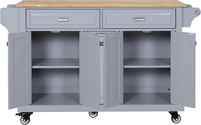GOWE Kitchen Island with Rubber Wood Countertop, Kitchen Cart on 5 Wheels with Storage Cabinet and 2 Top Drawers and A Center Double Layered Storage Drawer for Dinning Room, Grey