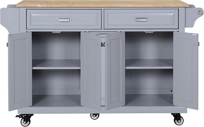 GOWE Kitchen Island with Rubber Wood Countertop, Kitchen Cart on 5 Wheels with Storage Cabinet and 2 Top Drawers and A Center Double Layered Storage Drawer for Dinning Room, Grey