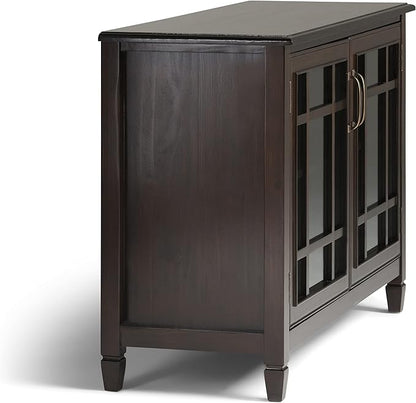 SIMPLIHOME Connaught Storage Cabinet - 46 inch Wide Solid Wood Low Storage Cabinet in Dark Chestnut Brown, Traditional Console for Living Room, Entryway, or Dining Room with Glass Doors and Shelves