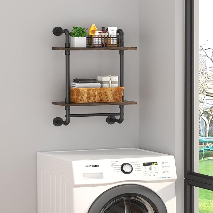 Helsin Industrial Pipe Floating Bathroom Shelves Wall Mounted with Towel bar, 2 Tier Rustic Wood Wall Shelf, 16inch Metal Towel Rack Storage Bookshelf for Bathroom, Kitchen, Farmhouse, Living Room | with Towel bar, Wall Shelf, Towel Rack, Storage Books...