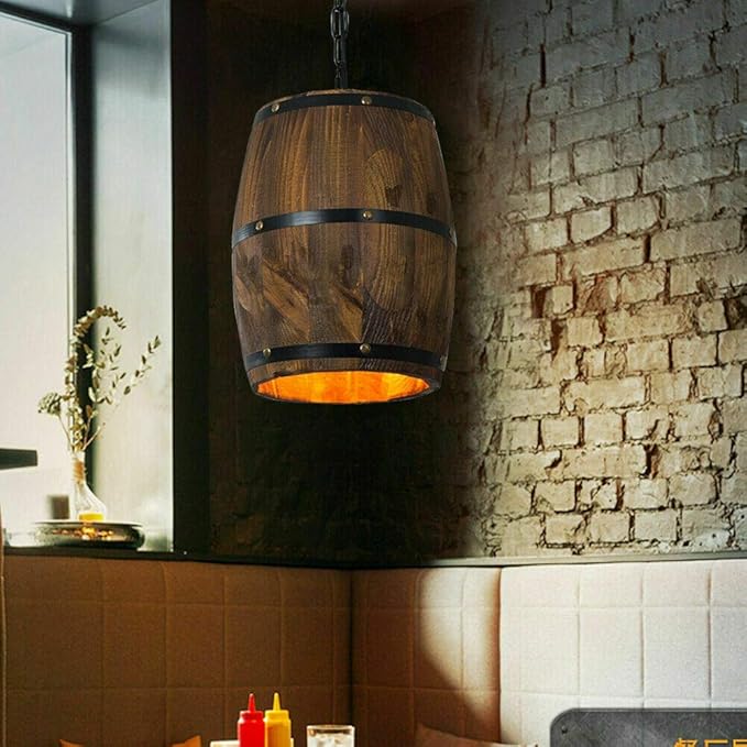 Whiskey Barrel Light Fixture Bar Lamps Hanging Retro Wine Barrel Wood Lighting Fixtures Rustic Restaurant Cafe Kitchen Bar Light Crafts Pendant Nostalgic Country Antique Chandelier