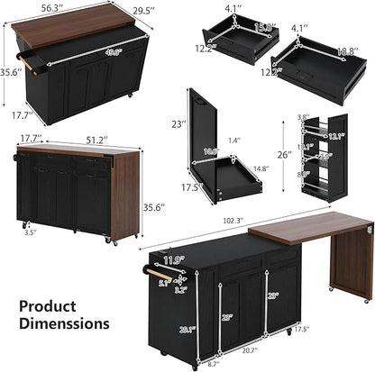Kitchen Island with Extendable Dining Table, Rolling Kitchen Cart with Drawers and Trash Storage Cabinet, Island Mobile Dining Table on Wheels with 3-Tier Pull-Out Spice Rack for Small Space Black
