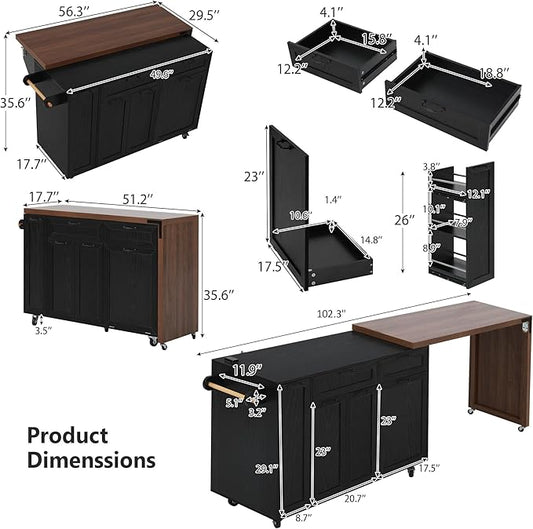 Kitchen Island with Extendable Dining Table, Rolling Kitchen Cart with Drawers and Trash Storage Cabinet, Island Mobile Dining Table on Wheels with 3-Tier Pull-Out Spice Rack for Small Space Black