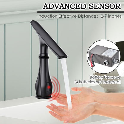 Touchless Bathroom Faucet, Matte Black Smart Motion Sensor Bathroom Sink Faucets 1 Hole with Cover Plate, Mixing Valve, Battery Powered for Commercial Lavatory, Home