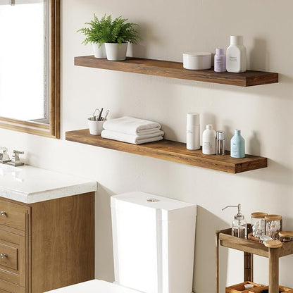 BAMEOS Floating Shelves,40 in W x 7in D Wall Mounted Wooden Shelves with Invisible Brackets Set of 2, Hanging Wall Shelves Decoration for Bedroom, Bathroom, Living Room and Kitchen,Rustic Brown