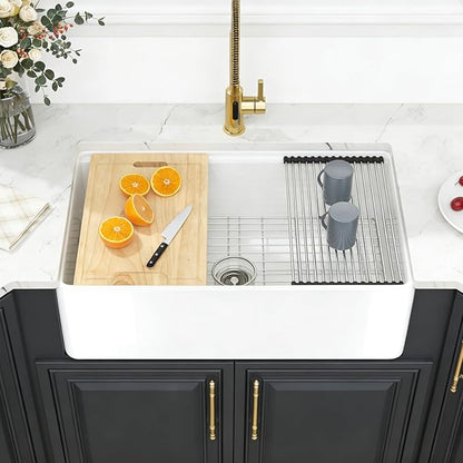 White Farmhouse Sink Fireclay Workstation Apron Front Farmer Kitchen Sink 33"x20" Undermount Single Bowl Kitchen Sink with Accessories