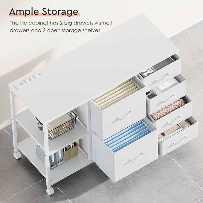 Maihail 6 Drawer File Cabinet with Charging Station Rolling Printer Stand with Open Storage Shelf Fabric Lateral Filing Cabinet for Home Office,White