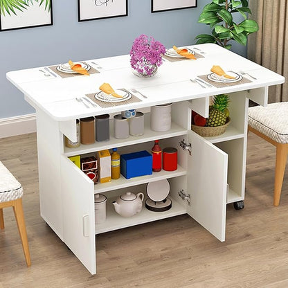 Kitchen Island with Drop Leaf, Rolling Island Cart Mobile Folding Dining Table with 4 Wheels and Shelf(White,L120cm/47in)